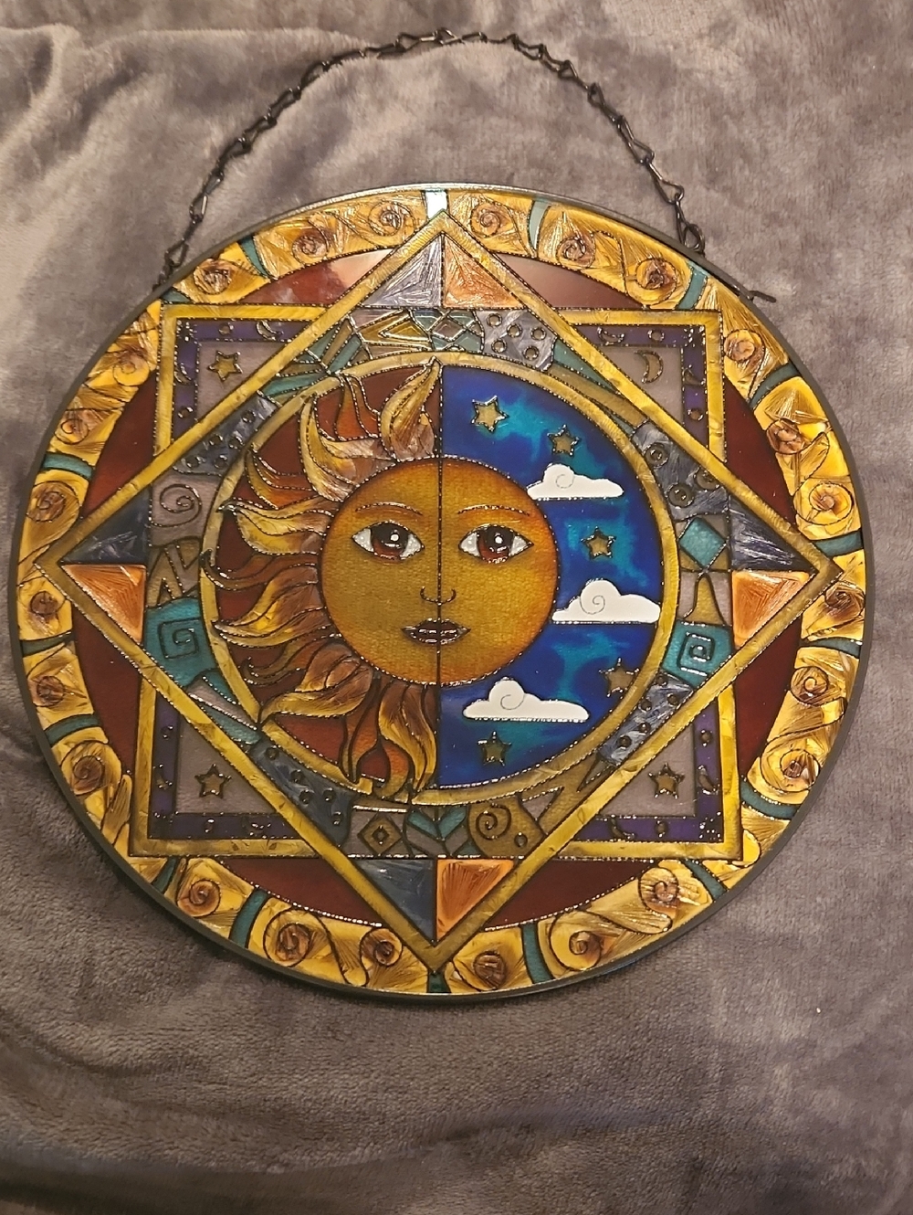 🔥Hand-Painted Sun and Moon Glass Wall Art - Blue & Gold